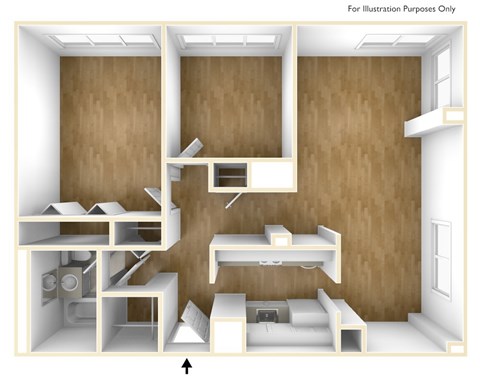 Floor plan for 2 beds, 1 bath, 887 sqft